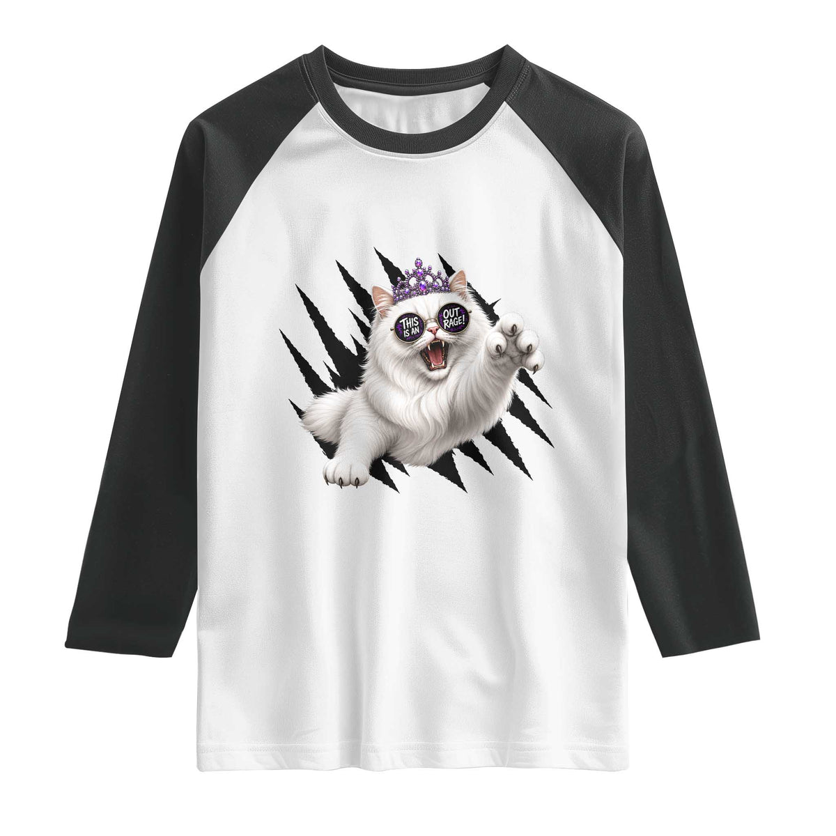Funny Princess Cat With Featuring Scratch Effect Printed Raglan Shirt This Is An Outrage TS12 White Black Print Your Wear