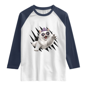 Funny Princess Cat With Featuring Scratch Effect Printed Raglan Shirt This Is An Outrage TS12 White Navy Print Your Wear