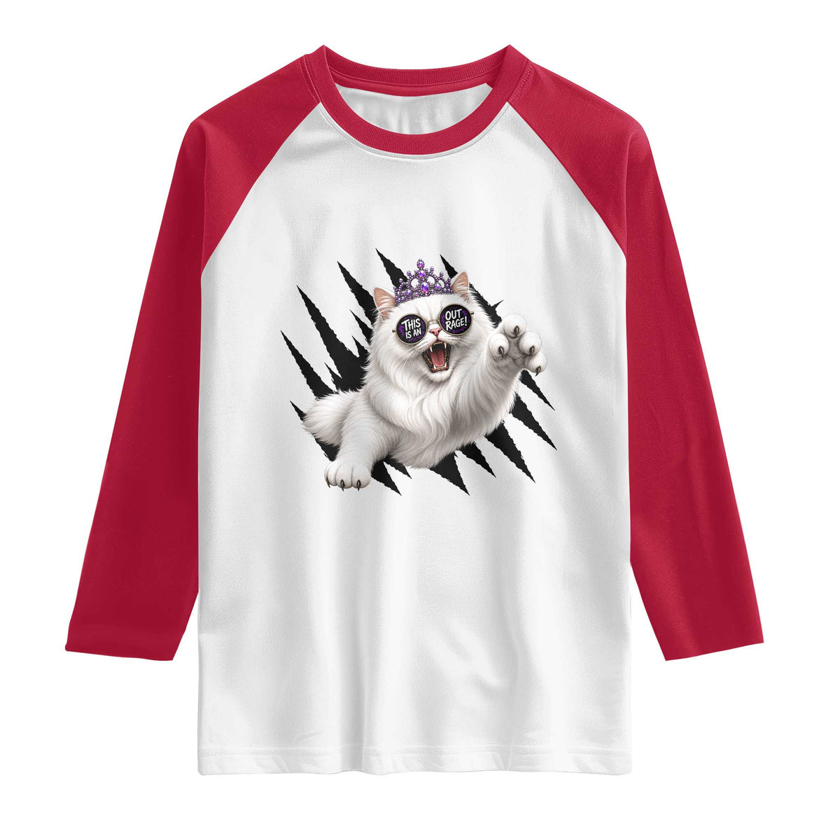 Funny Princess Cat With Featuring Scratch Effect Printed Raglan Shirt This Is An Outrage TS12 White Red Print Your Wear