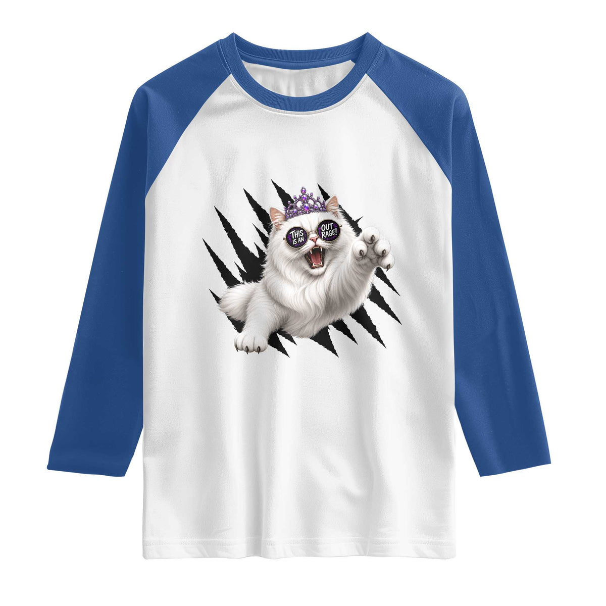 Funny Princess Cat With Featuring Scratch Effect Printed Raglan Shirt This Is An Outrage TS12 White Royal Print Your Wear