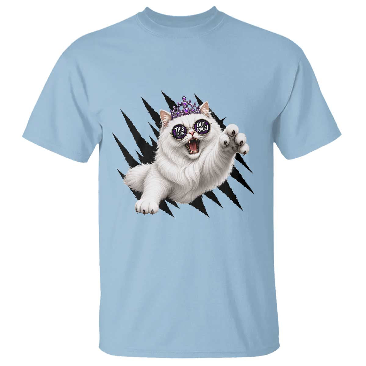 Funny Princess Cat With Featuring Scratch Effect Printed T Shirt This Is An Outrage TS12 Light Blue Print Your Wear