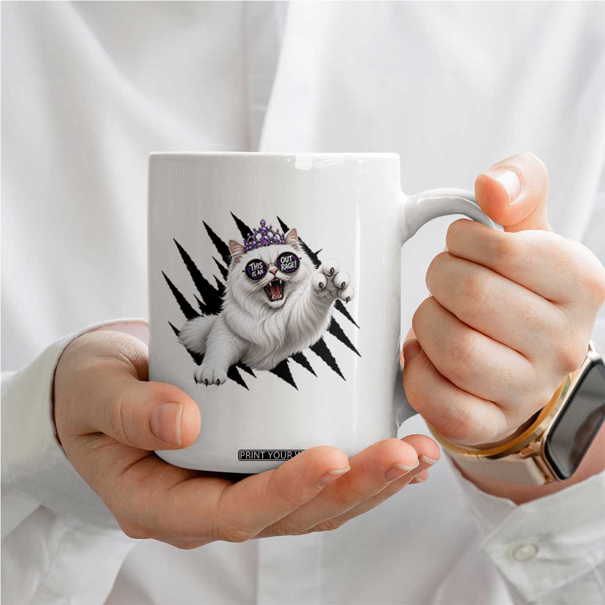 Funny Princess Cat With Featuring Scratch Effect Printed Coffee Mug This Is An Outrage TS12 Print Your Wear