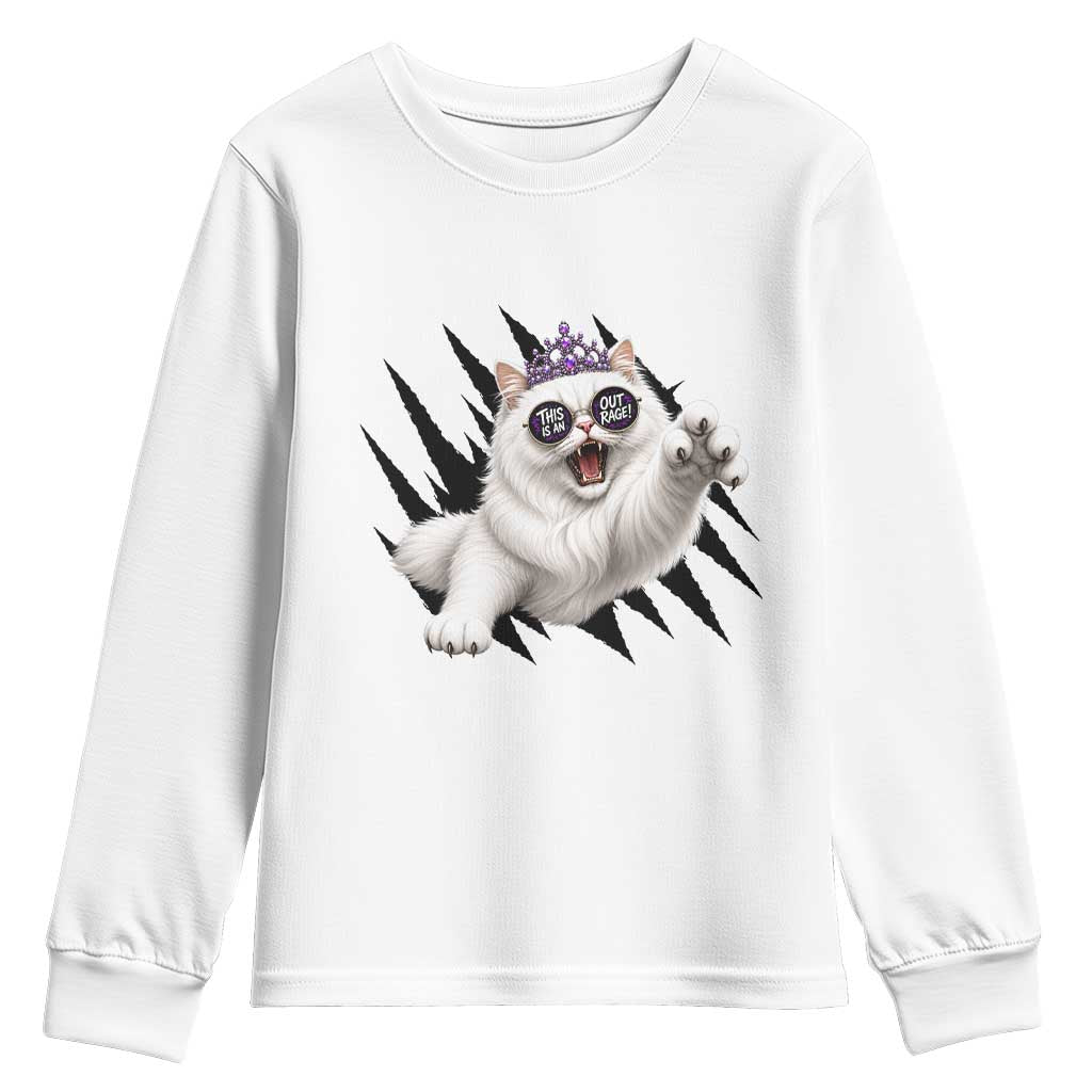 Funny Princess Cat With Featuring Scratch Effect Printed Youth Sweatshirt This Is An Outrage TS12 White Print Your Wear