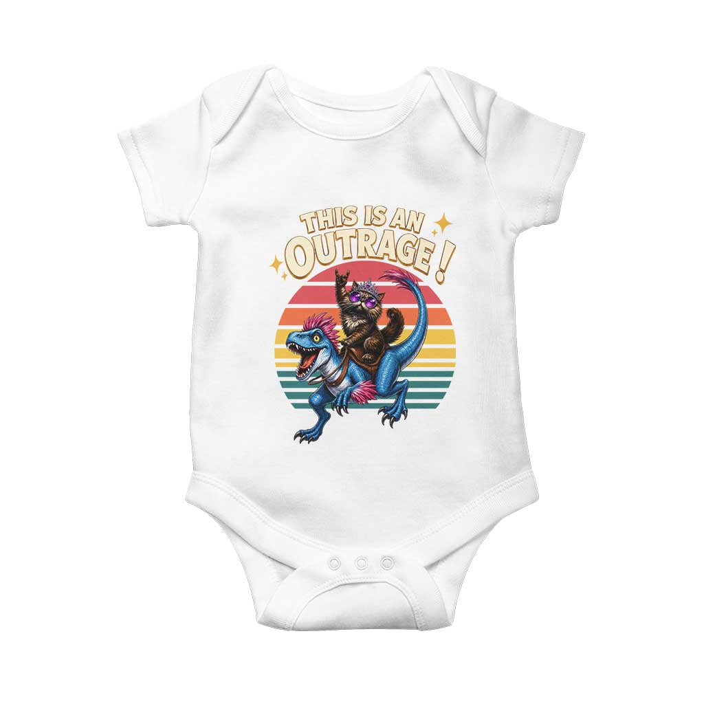 This Is An Outrage Cat Riding Dinosaur Baby Onesie Sci-Fi Book Lover Gift TS12 White Print Your Wear