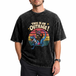 This Is An Outrage Cat Riding Dinosaur Washed Cotton T-Shirt Sci-Fi Book Lover Gift