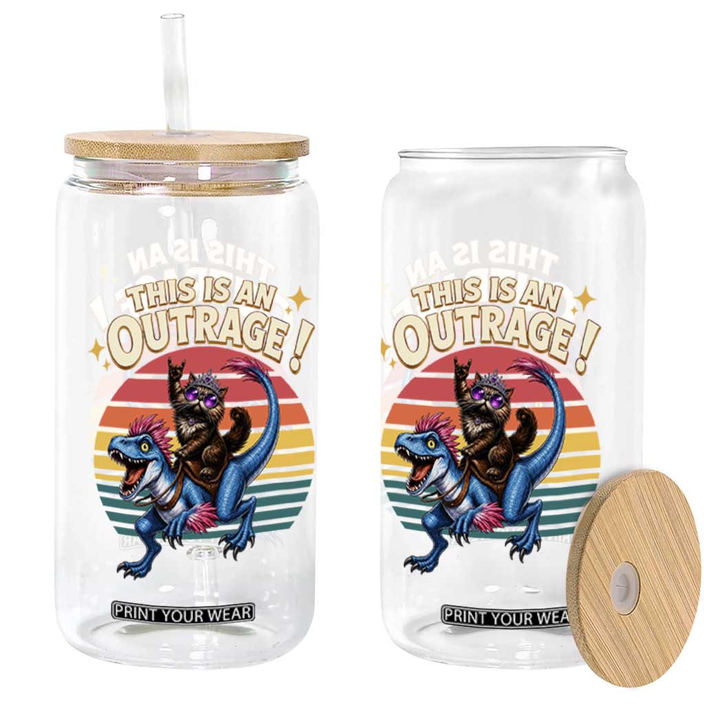 This Is An Outrage Cat Riding Dinosaur Glass Can Sci-Fi Book Lover Gift TS12 Print Your Wear