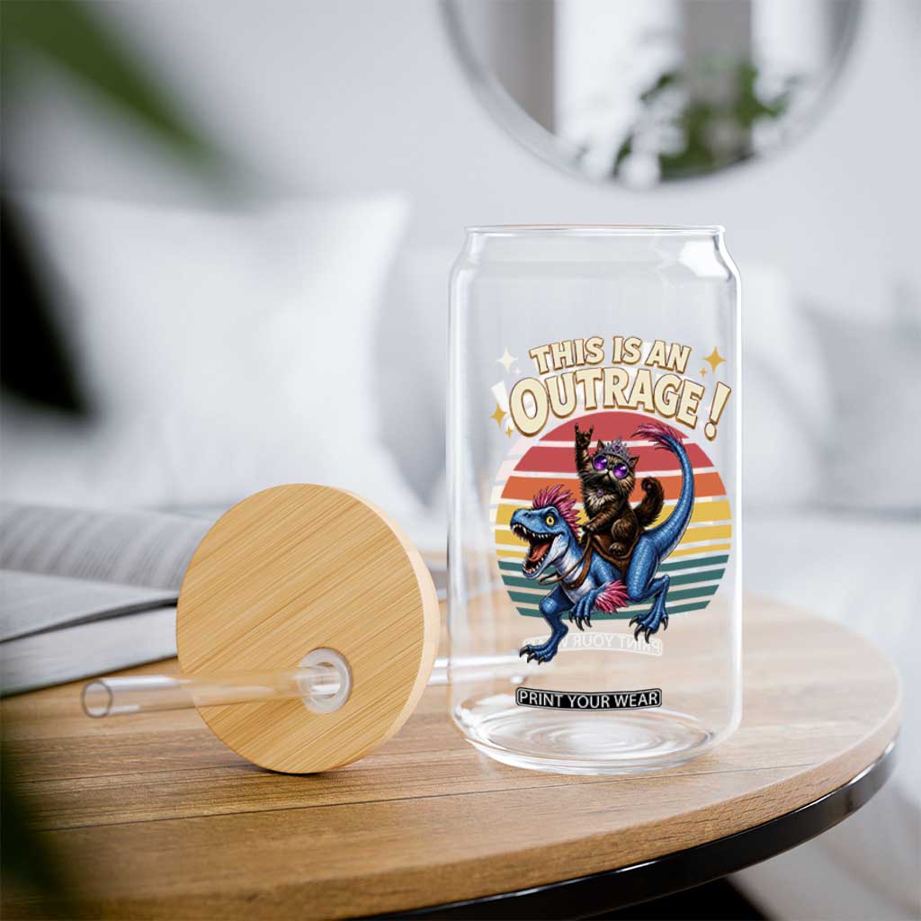 This Is An Outrage Cat Riding Dinosaur Glass Can Sci-Fi Book Lover Gift TS12 Print Your Wear