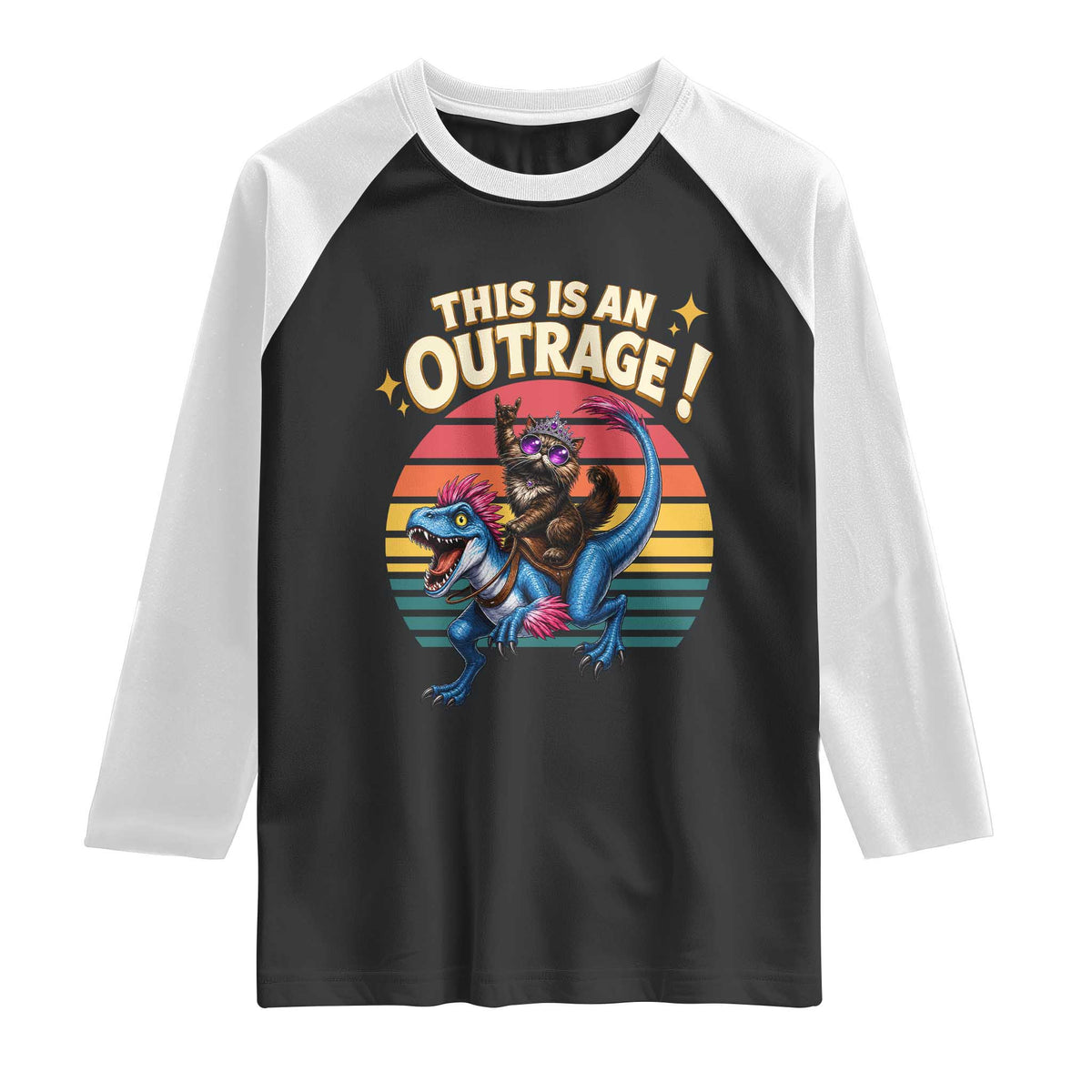 This Is An Outrage Cat Riding Dinosaur Raglan Shirt Sci-Fi Book Lover Gift TS12 Black White Print Your Wear