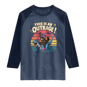 This Is An Outrage Cat Riding Dinosaur Raglan Shirt Sci-Fi Book Lover Gift TS12 Heather Denim Navy Print Your Wear