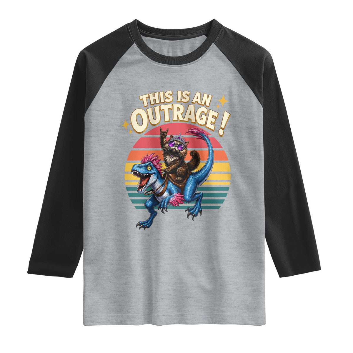 This Is An Outrage Cat Riding Dinosaur Raglan Shirt Sci-Fi Book Lover Gift TS12 Heather Gray Black Print Your Wear