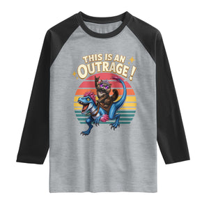 This Is An Outrage Cat Riding Dinosaur Raglan Shirt Sci-Fi Book Lover Gift TS12 Heather Gray Black Print Your Wear