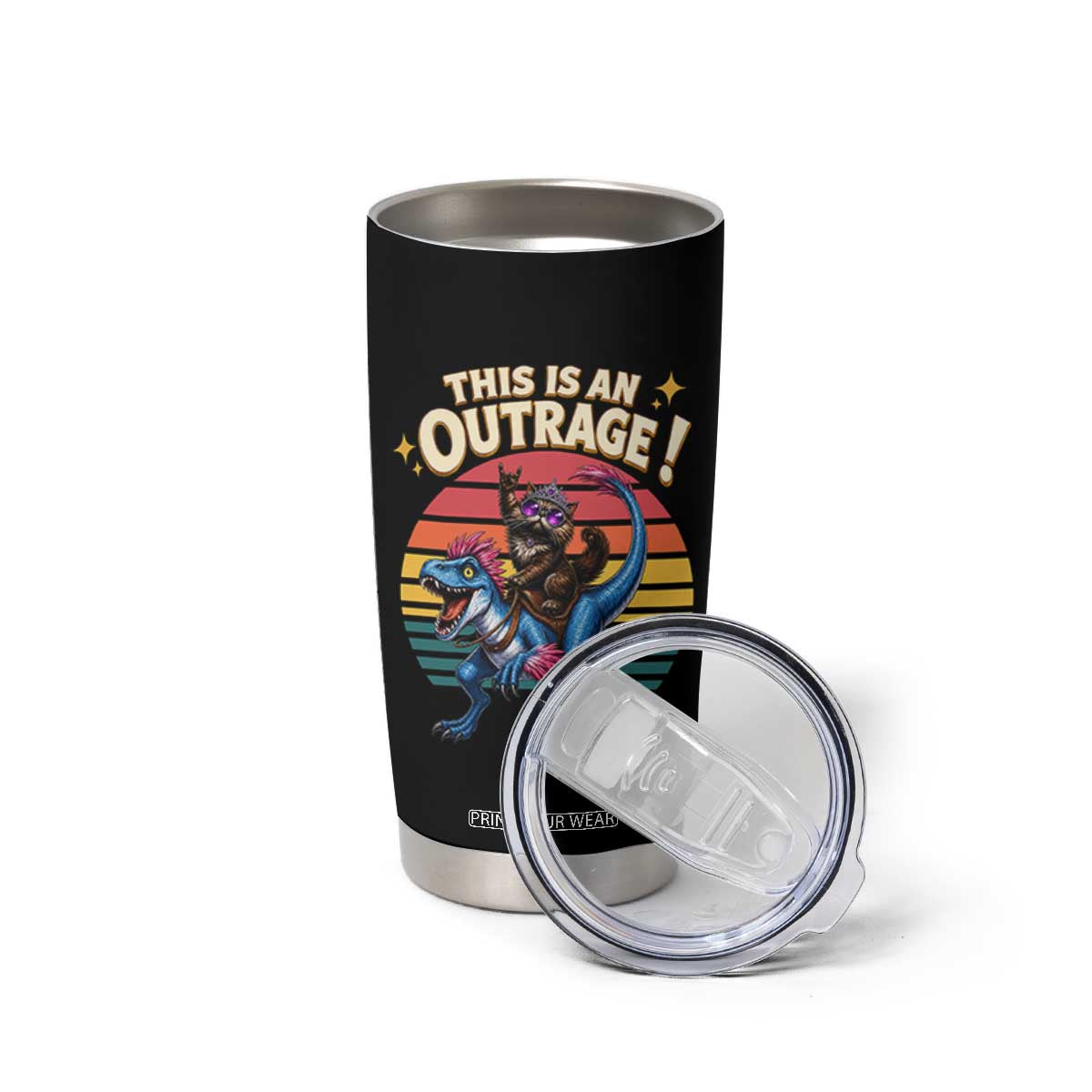 This Is An Outrage Cat Riding Dinosaur Tumbler Cup Sci-Fi Book Lover Gift TS12 Print Your Wear