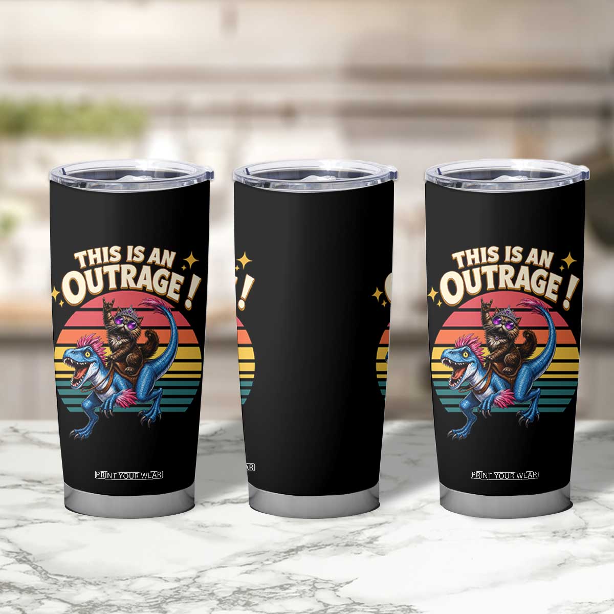 This Is An Outrage Cat Riding Dinosaur Tumbler Cup Sci-Fi Book Lover Gift TS12 Print Your Wear