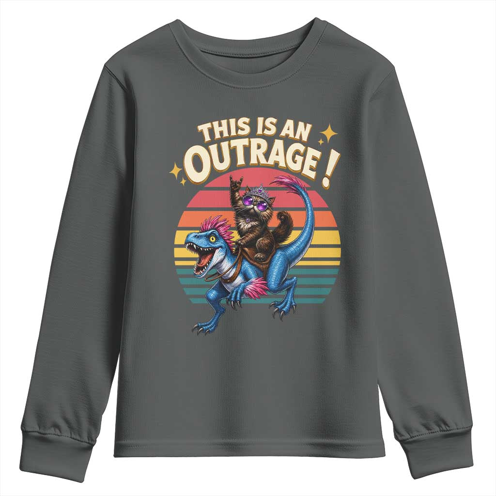 This Is An Outrage Cat Riding Dinosaur Youth Sweatshirt Sci-Fi Book Lover Gift TS12 Dark Heather Print Your Wear