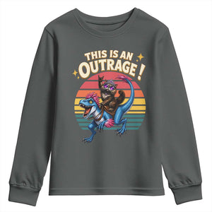 This Is An Outrage Cat Riding Dinosaur Youth Sweatshirt Sci-Fi Book Lover Gift TS12 Dark Heather Print Your Wear