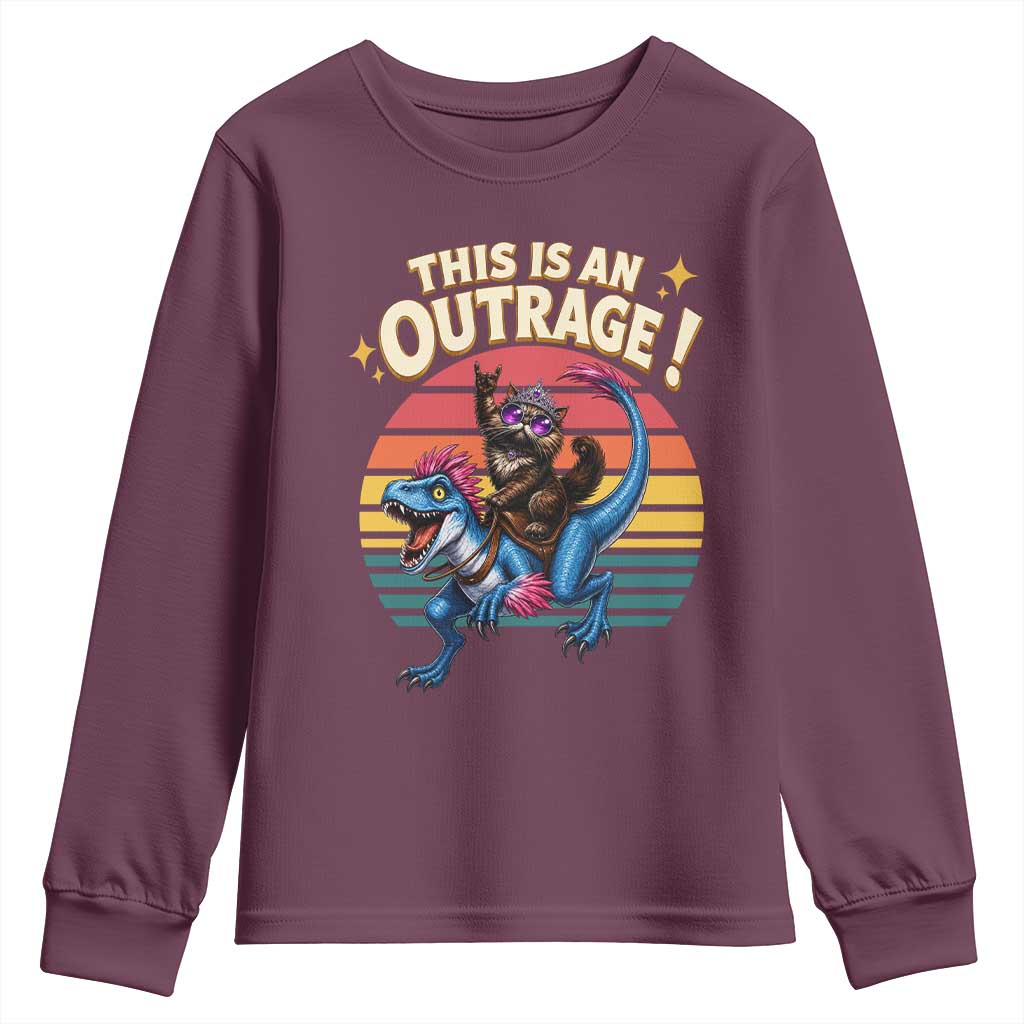 This Is An Outrage Cat Riding Dinosaur Youth Sweatshirt Sci-Fi Book Lover Gift TS12 Maroon Print Your Wear