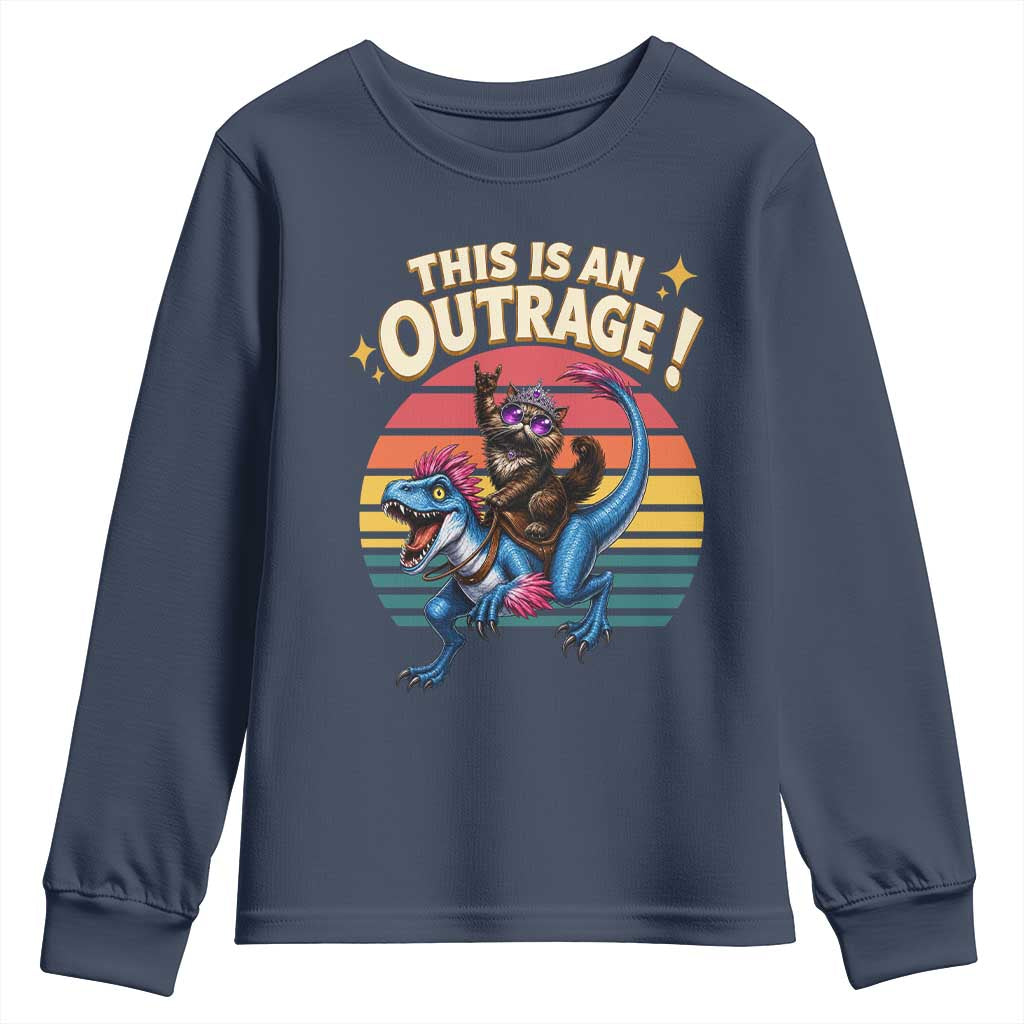 This Is An Outrage Cat Riding Dinosaur Youth Sweatshirt Sci-Fi Book Lover Gift TS12 Navy Print Your Wear