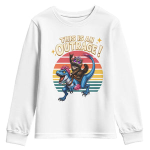 This Is An Outrage Cat Riding Dinosaur Youth Sweatshirt Sci-Fi Book Lover Gift TS12 White Print Your Wear