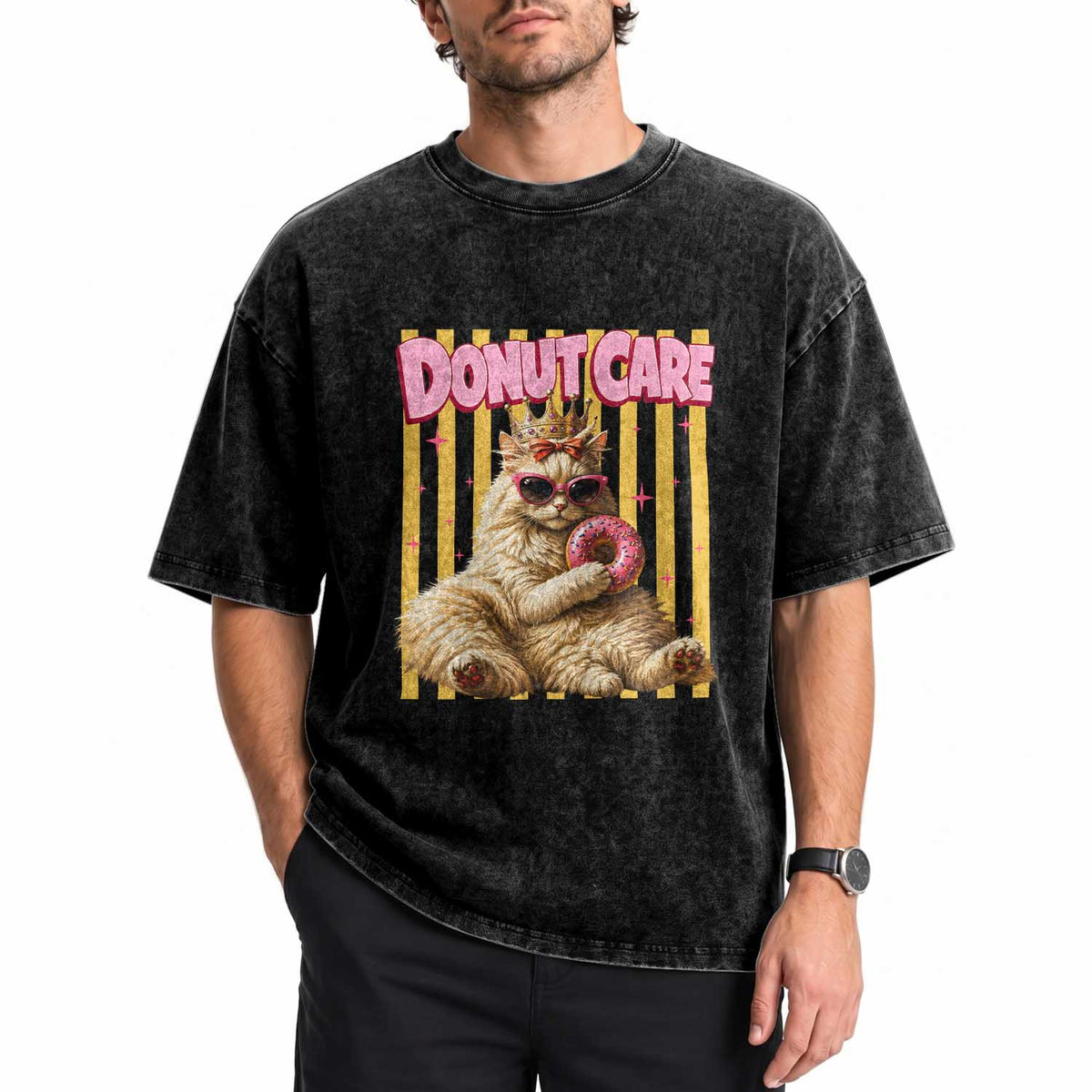 Funny Princess Cat Eating Donut Washed Cotton T-Shirt Sci-Fi Book Lover Gift