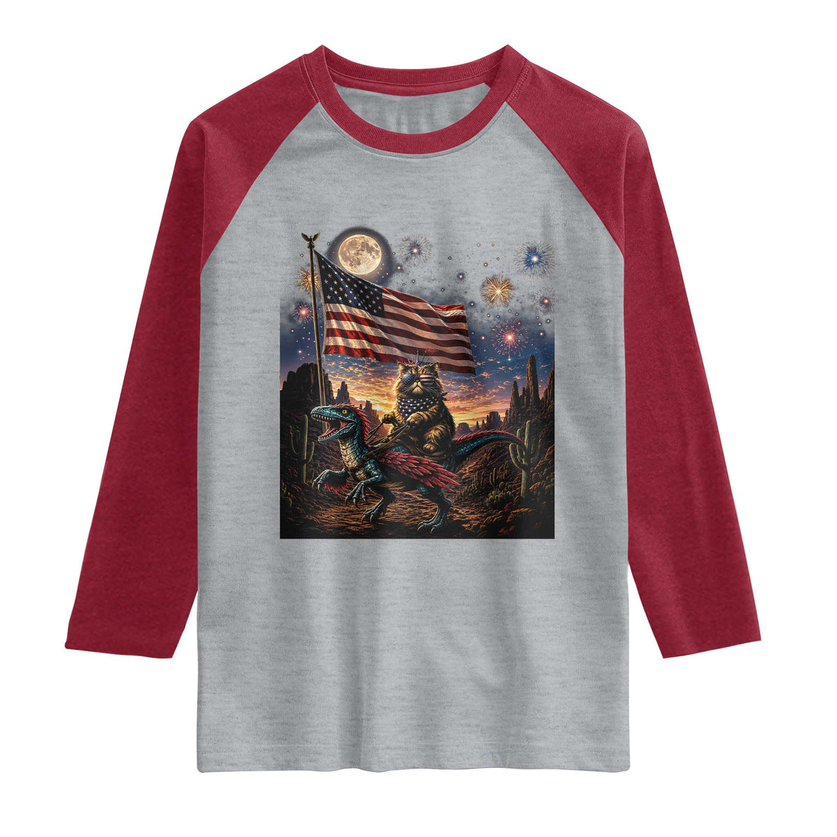 Funny Princess Cat On Dinosaur Patriotic Freedom Gift Raglan Shirt TS12 Heather Gray Heather Red Print Your Wear
