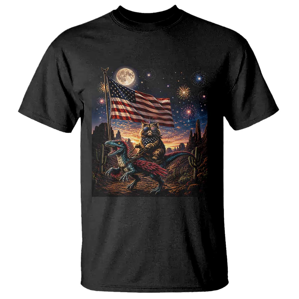 Funny Princess Cat On Dinosaur Patriotic Freedom Gift T Shirt TS12 Black Print Your Wear