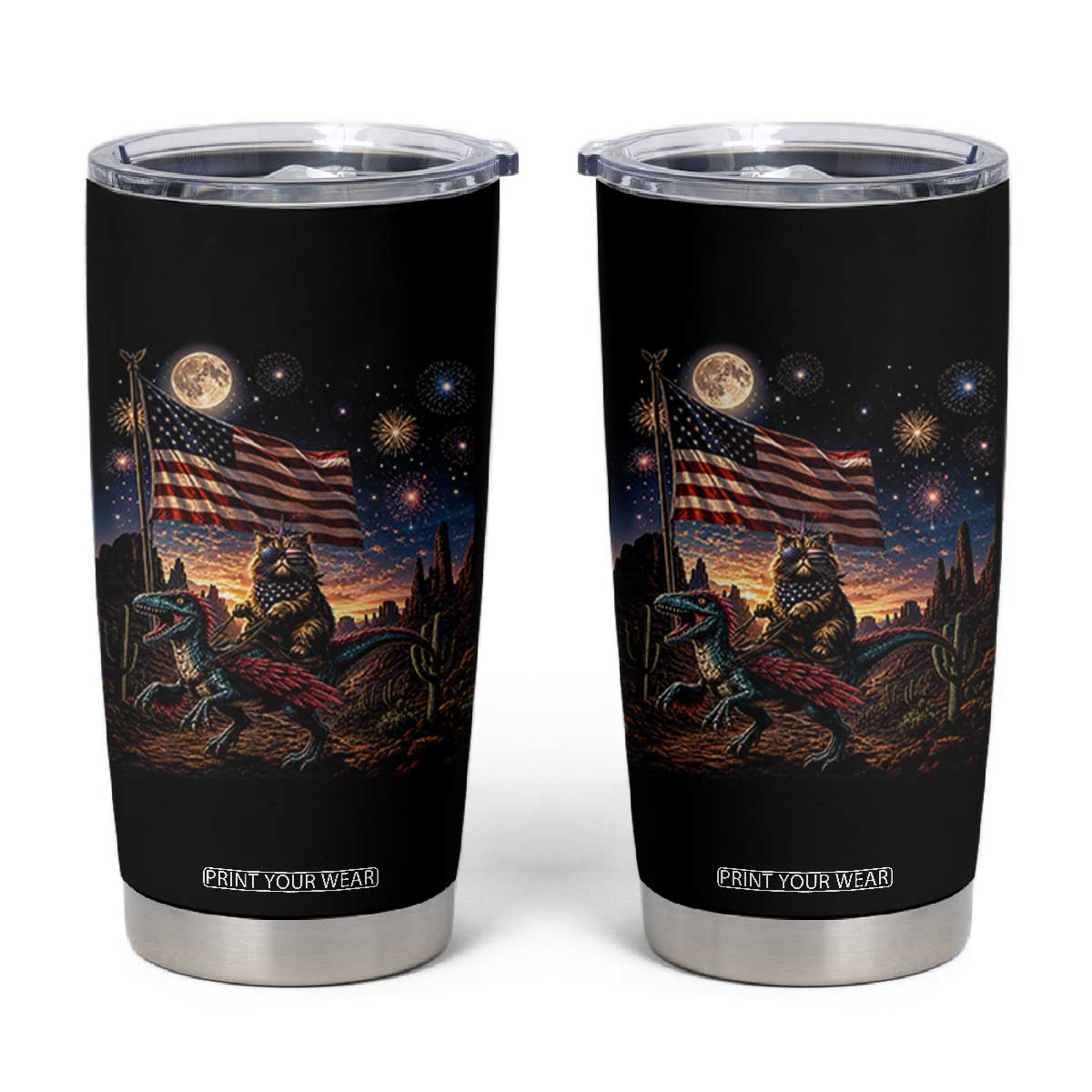 Funny Princess Cat On Dinosaur Patriotic Freedom Gift Tumbler Cup TS12 Black Print Your Wear