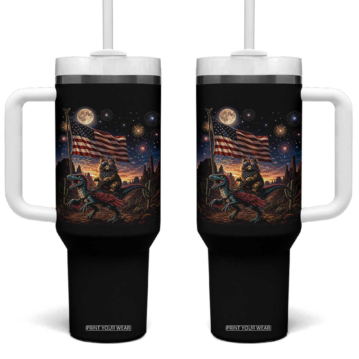 Funny Princess Cat On Dinosaur Patriotic Freedom Gift Tumbler With Handle TS12 One Size: 40 oz Black Print Your Wear