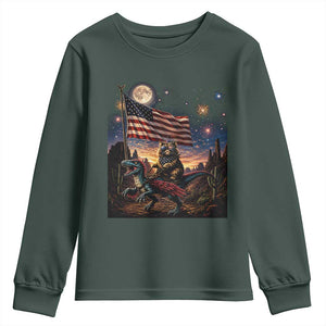 Funny Princess Cat On Dinosaur Patriotic Freedom Gift Youth Sweatshirt TS12 Dark Forest Green Print Your Wear