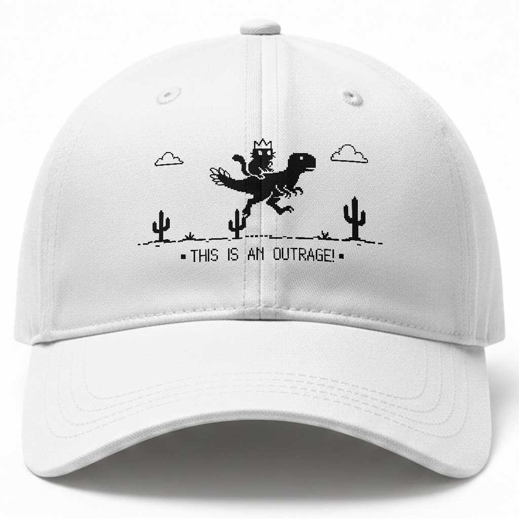 Funny Cat Riding Dinosaur Pixel Retro Baseball Cap This Is An Outrage TS12 Print Your Wear