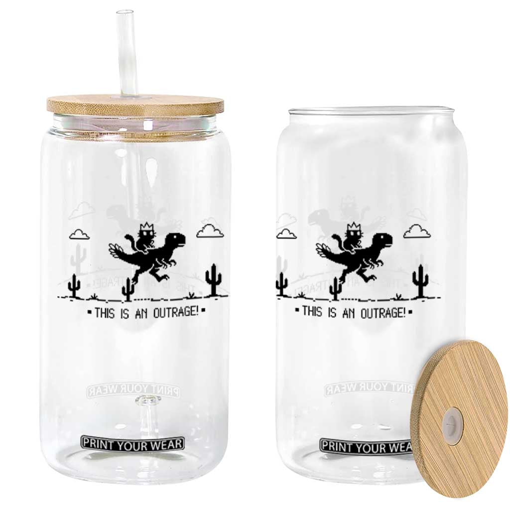 Funny Cat Riding Dinosaur Pixel Retro Glass Can This Is An Outrage TS12 Print Your Wear