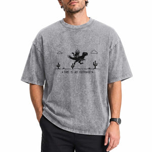 Funny Cat Riding Dinosaur Pixel Retro Washed Cotton T-Shirt This Is An Outrage