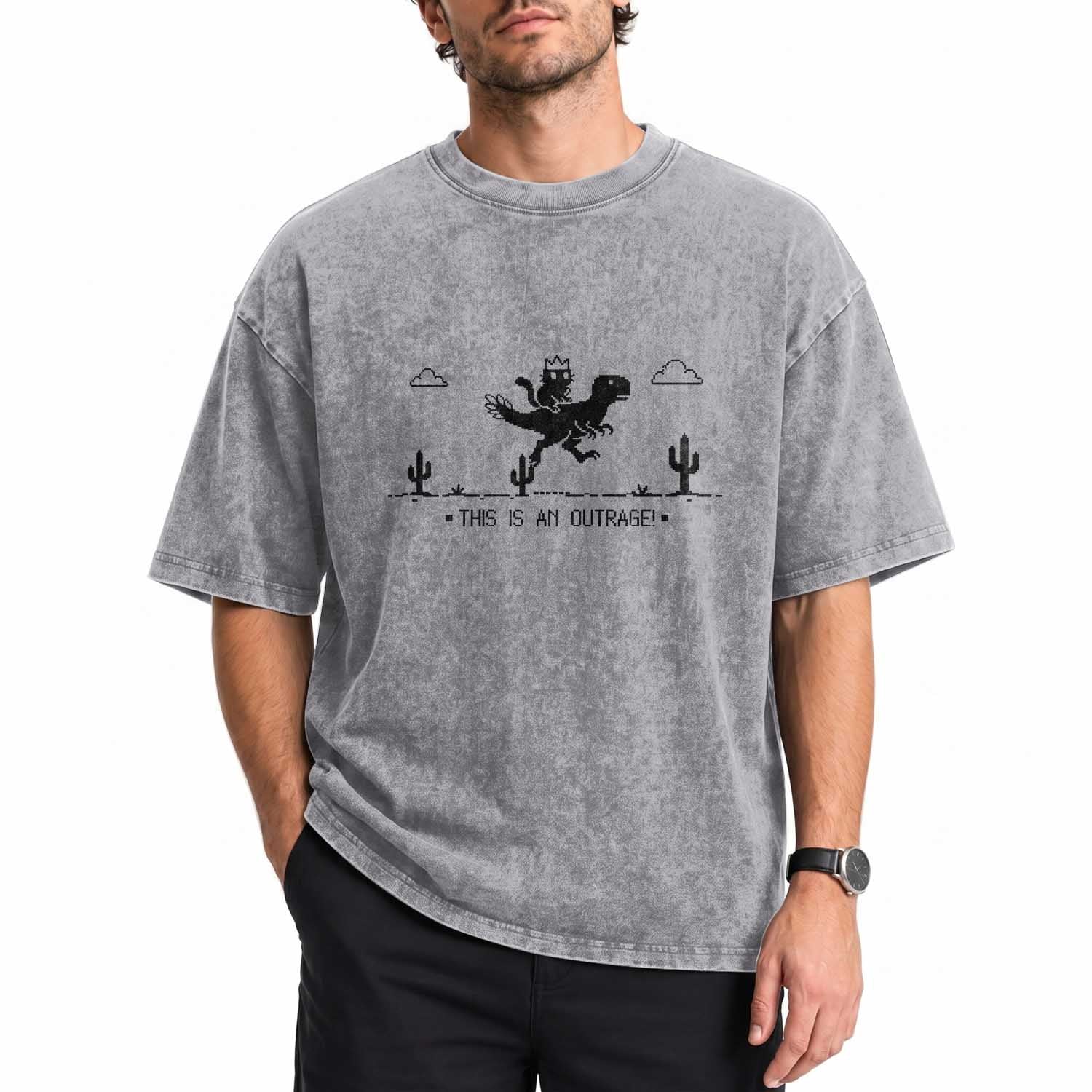 Funny Cat Riding Dinosaur Pixel Retro Washed Cotton T-Shirt This Is An Outrage