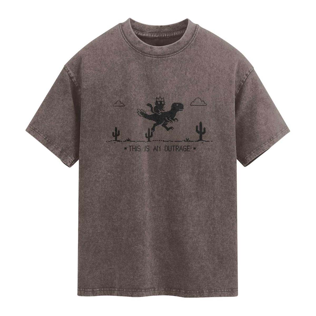 Funny Cat Riding Dinosaur Pixel Retro Washed Cotton T-Shirt This Is An Outrage