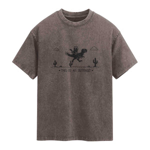 Funny Cat Riding Dinosaur Pixel Retro Washed Cotton T-Shirt This Is An Outrage