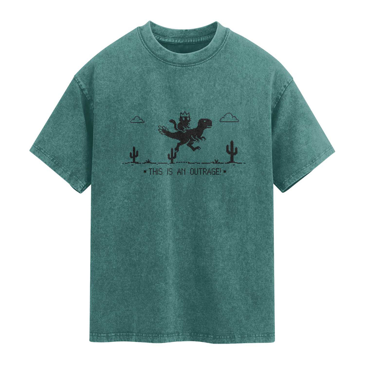Funny Cat Riding Dinosaur Pixel Retro Washed Cotton T-Shirt This Is An Outrage
