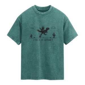 Funny Cat Riding Dinosaur Pixel Retro Washed Cotton T-Shirt This Is An Outrage