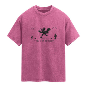 Funny Cat Riding Dinosaur Pixel Retro Washed Cotton T-Shirt This Is An Outrage