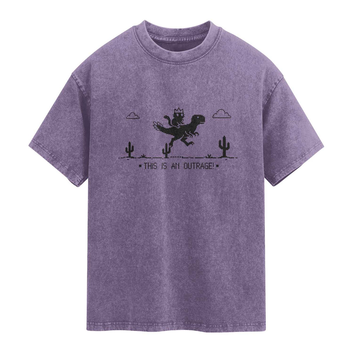Funny Cat Riding Dinosaur Pixel Retro Washed Cotton T-Shirt This Is An Outrage