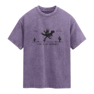 Funny Cat Riding Dinosaur Pixel Retro Washed Cotton T-Shirt This Is An Outrage