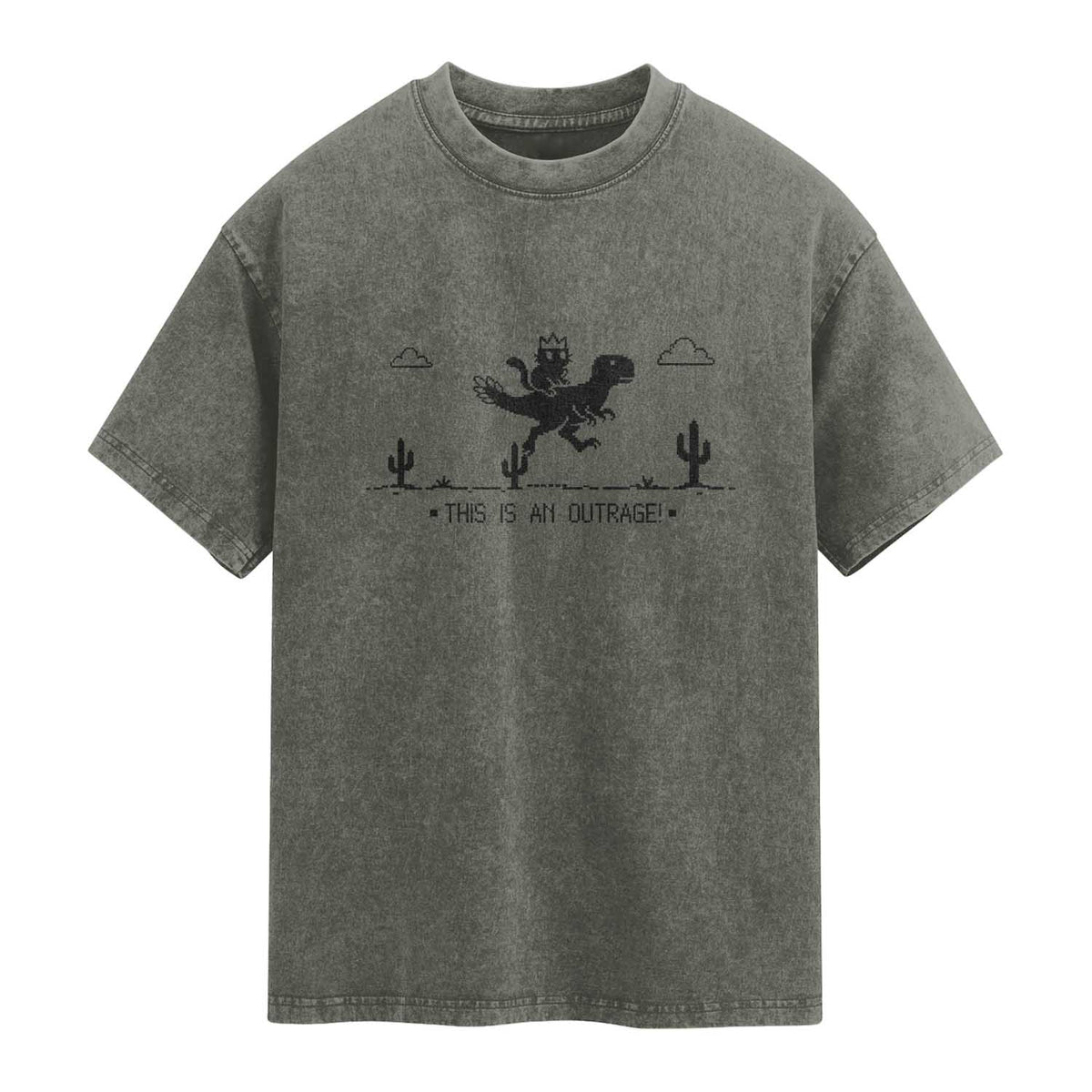 Funny Cat Riding Dinosaur Pixel Retro Washed Cotton T-Shirt This Is An Outrage