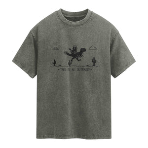 Funny Cat Riding Dinosaur Pixel Retro Washed Cotton T-Shirt This Is An Outrage