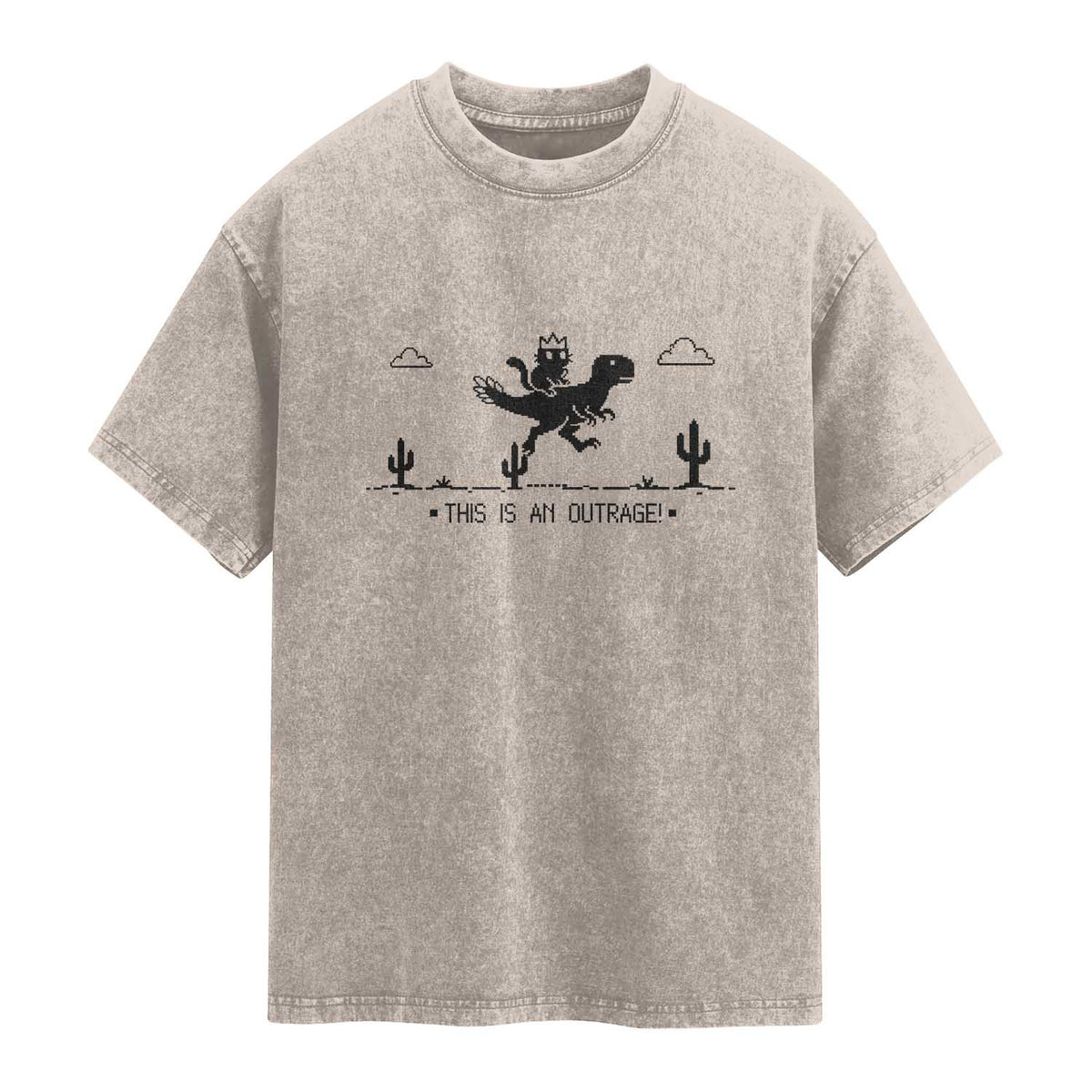 Funny Cat Riding Dinosaur Pixel Retro Washed Cotton T-Shirt This Is An Outrage