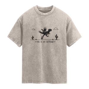 Funny Cat Riding Dinosaur Pixel Retro Washed Cotton T-Shirt This Is An Outrage