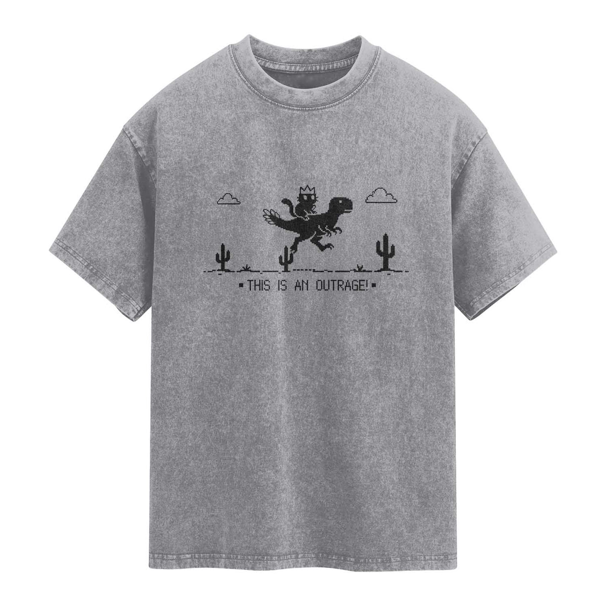 Funny Cat Riding Dinosaur Pixel Retro Washed Cotton T-Shirt This Is An Outrage