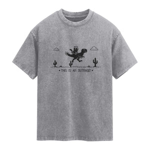 Funny Cat Riding Dinosaur Pixel Retro Washed Cotton T-Shirt This Is An Outrage
