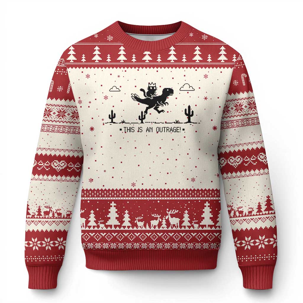 Funny Cat Riding Dinosaur Pixel Retro Ugly Christmas Sweater This Is An Outrage TS12 Beige Red Print Your Wear