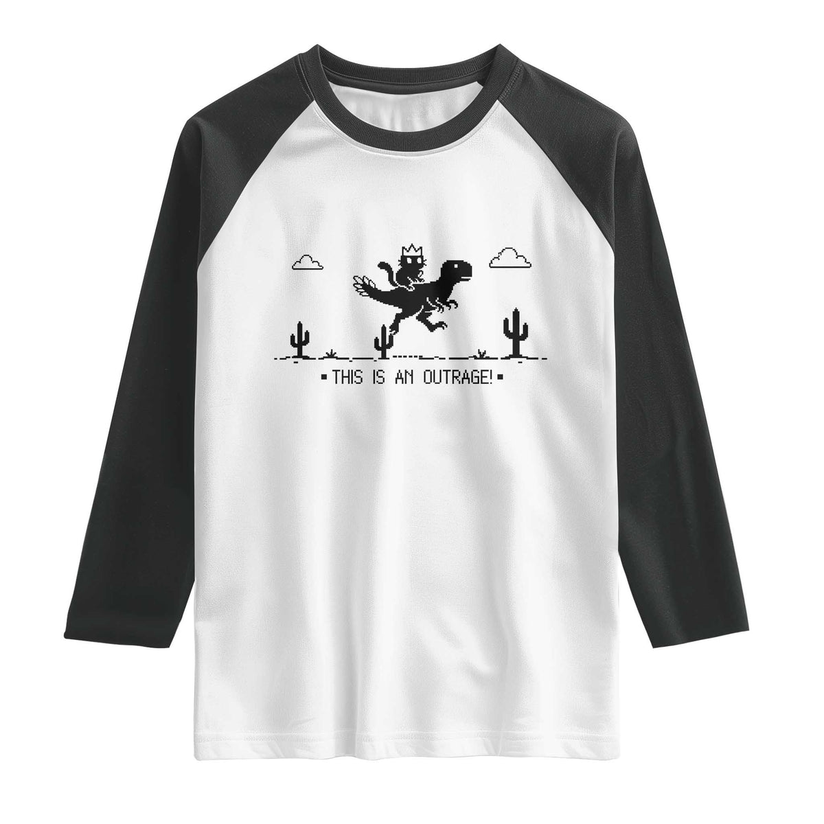 Funny Cat Riding Dinosaur Pixel Retro Raglan Shirt This Is An Outrage TS12 White Black Print Your Wear
