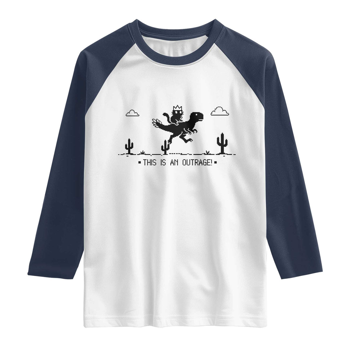 Funny Cat Riding Dinosaur Pixel Retro Raglan Shirt This Is An Outrage TS12 White Navy Print Your Wear