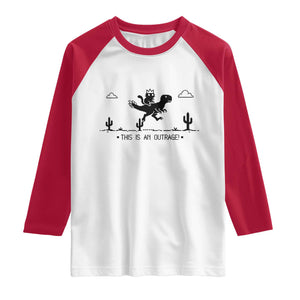 Funny Cat Riding Dinosaur Pixel Retro Raglan Shirt This Is An Outrage TS12 White Red Print Your Wear