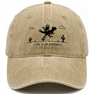 Funny Cat Riding Dinosaur Pixel Retro Washed Cotton Baseball Cap This Is An Outrage TS12 Print Your Wear